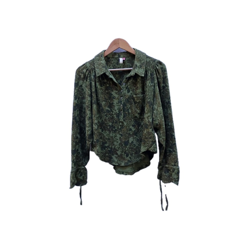 Pilcro Anthropologie Shirt Floral Camo Boho Festival Green XS Blouse Puff Sleeve